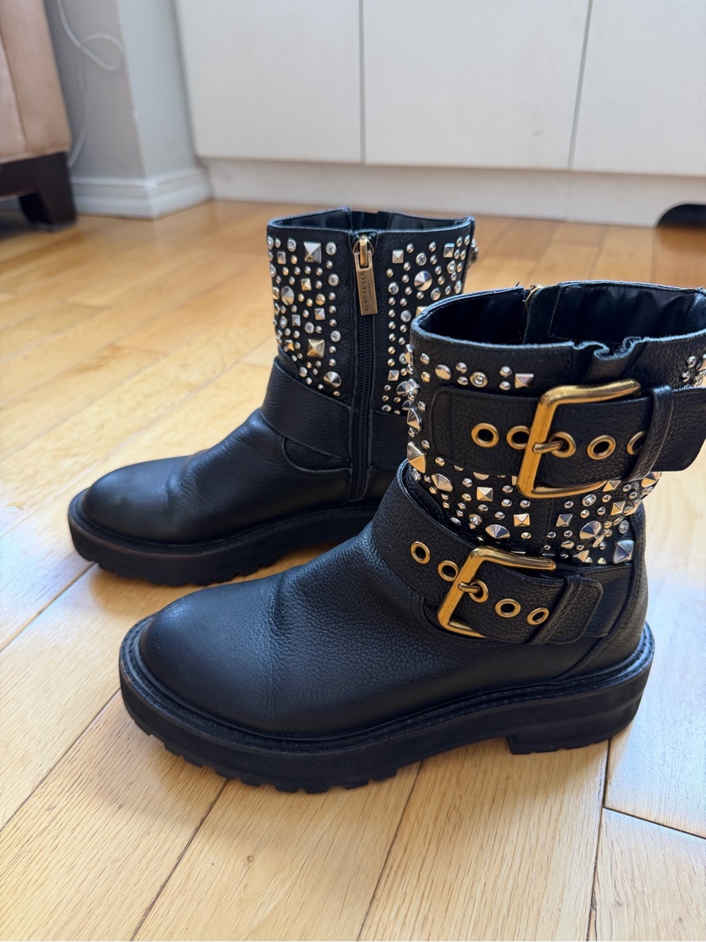 Kurt Geiger Black Studded Buckle Combat Boots